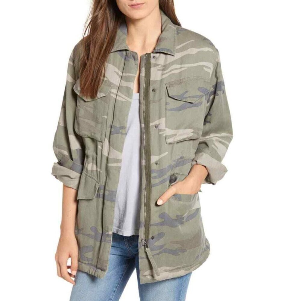 Rails Utility Jacket Women’s Medium Camo Tencel Linen Lined Drawstring Pocket